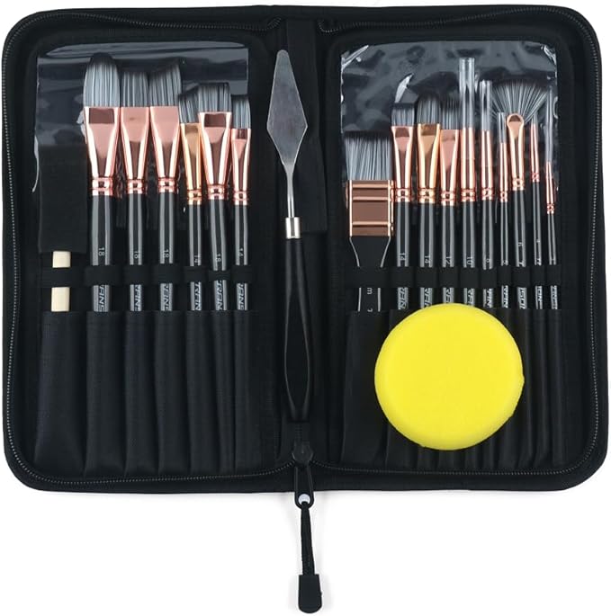 Transon Art Paint Brush Kit 16 Paint Brushes with Foam Brush Sponge Spatula and Art Case for Oil, Acrylic, Watercolor, Gouache, Painting Black Color