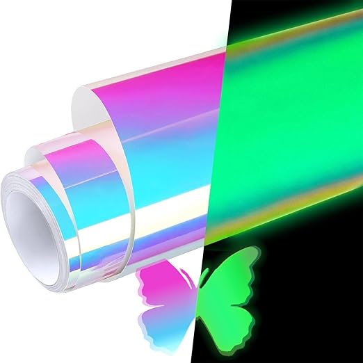 Glow in The Dark Vinyl 12" x 10 ft Permanent Adhesive Vinyl Holographic Iridescent Vinyl Opal White Glow Green for Wrap, Stickers, Decal, Lettering, DIY Crafts Decor