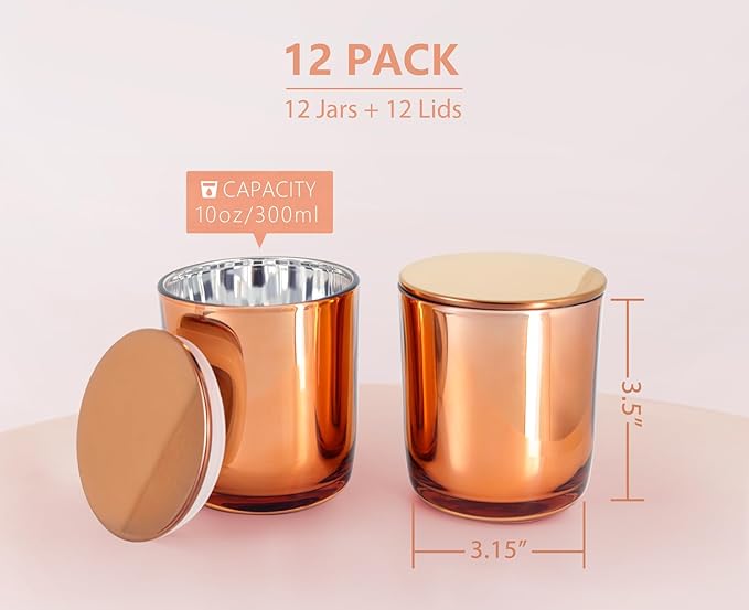 Aroparc Bulk Candle Jars with Lids, 10oz Elegant Candle Container for Candle Making 12 Pack Empty Candle Holder with Metal Lids Tumbler Jar Candle Tins Candle Making Supplies (Rose Gold)