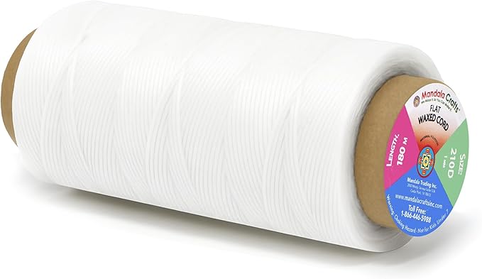 Mandala Crafts White Flat Waxed Thread for Leather Sewing - 197 Yds 210D 1mm Polyester Leather Thread String Waxed Cord for Leatherwork, Beading, Bookbinding, Hand Stitching
