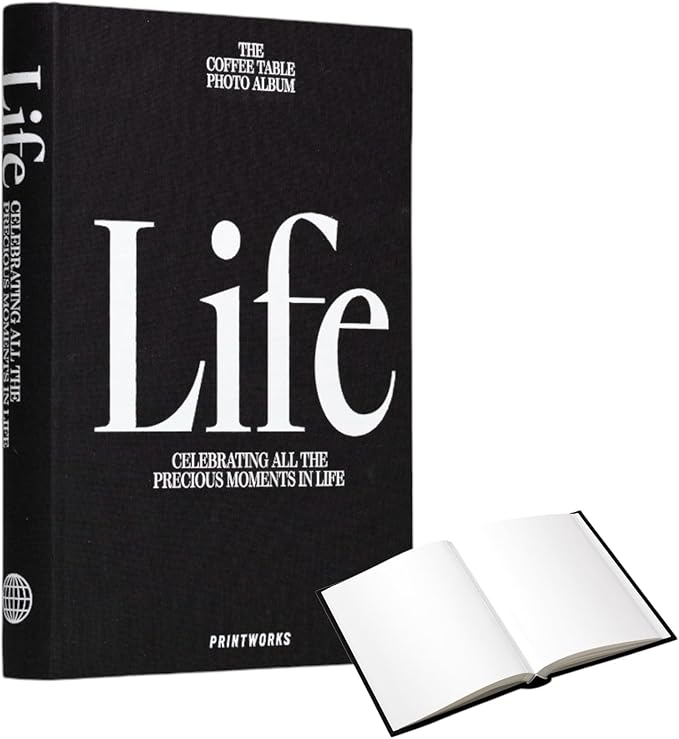 PrintWorks Photo Book – Life, Black – Minimalist Expandable Hardcover Album Book with 80 Pages – Stylish Bookshelf Picture Album