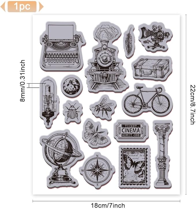 GLOBLELAND Retro Insect Train Cling Rubber Stamp 8.7"x7" Bicycle Butterfly Bee EVA Stamps Embossing Stamp Seal Rubber Stamps for DIY Scrapbooking and Card Making Paper Craft Decor