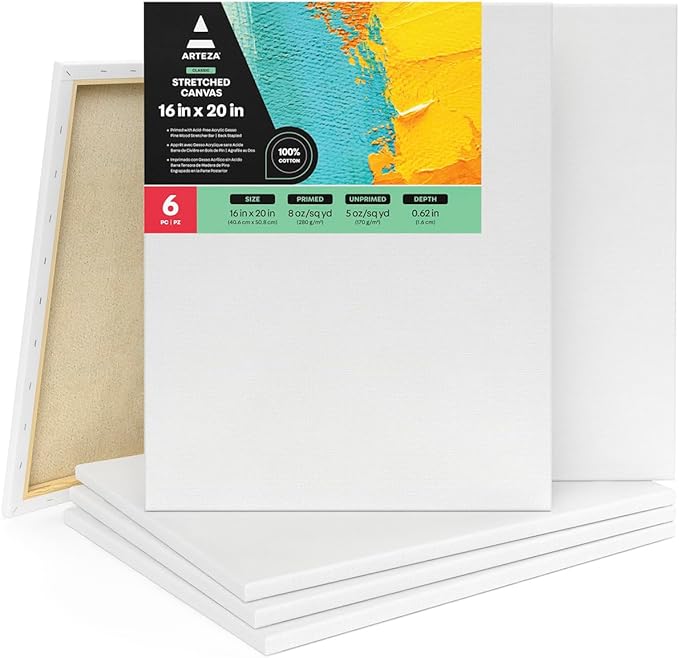 ARTEZA Stretched Canvas, 16 x 20 Inches, Pack of 6, Blank White Large Canvas for Painting for Acrylic, Oil and Gouache Paints
