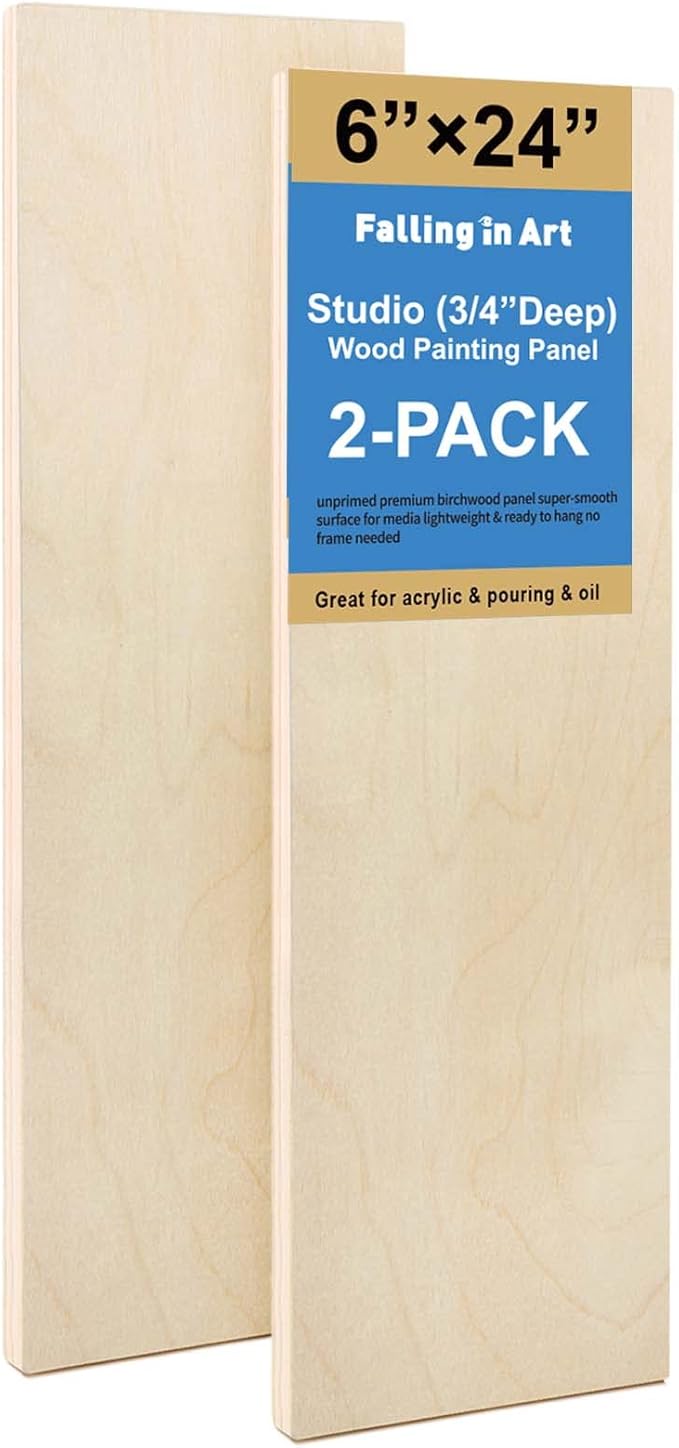 Falling in Art Unfinished Birch Wood Panels Kit for Painting, Wooden Canvas 2 Pack of 6x24 Studio 3/4" Deep, Cradle Boards for Pouring, Art, Crafts, Burning and More