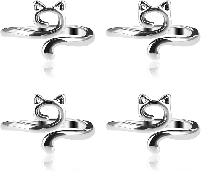 YUXIANLB 4pcs Adjustable Crochet Tension Ring for Finger, Cat Shape Metal Open Guide Tension Ring for Crocheting, Crochet Loop Rings Braided Faster Knitting Thimbles Supplies For Women Mother - Silver