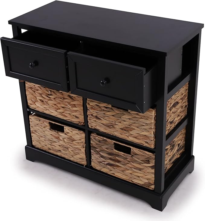 PHI VILLA Black Storage Cabinet with Baskets, Accent Chest for Bedroom Cabinet with Drawers Rattan Cabinet End Table