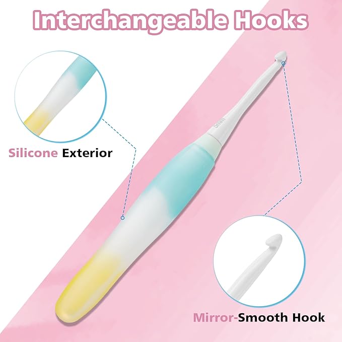 10-Size Interchangeable Crochet Hook Set – Ergonomic Jelly-Grip Handle, Extra Long, 15pcs Pre-Included Accessories, Portable Case