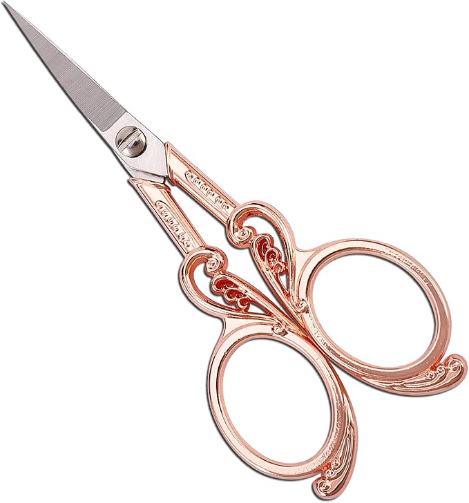 Embroidery Scissors, Small Precision Sewing Scissor Sharp Pointed Tip Detail Shears for Craft Art Needlework Threading Cutting, 4.5in Rose Gold Vintage Style
