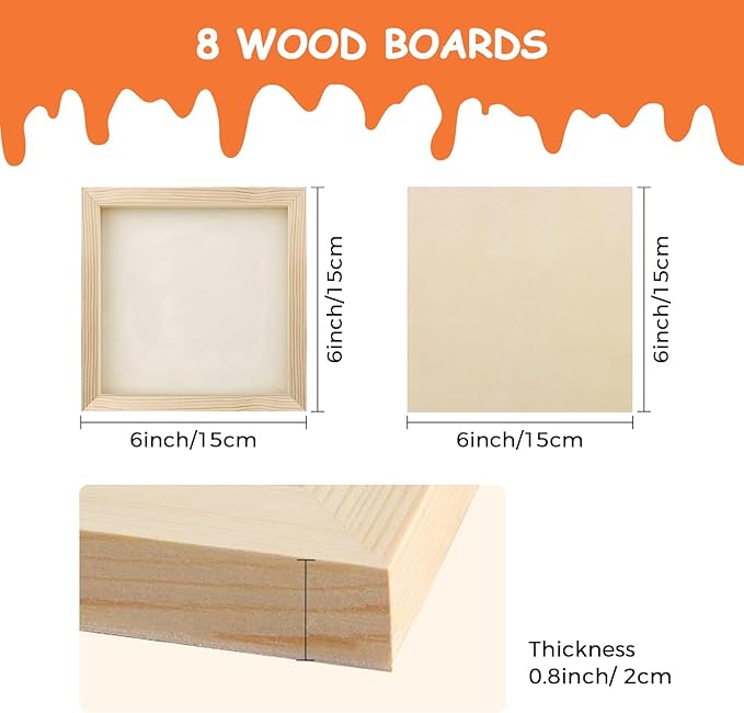 8 Pack 6 x 6 inch Wood Panel Boards,Unfinished Wood Frames for DIY Art Projects, Square Canvas for Painting, Pouring, Arts Use with Oils, Fall Halloween Decorations Panel Canvas