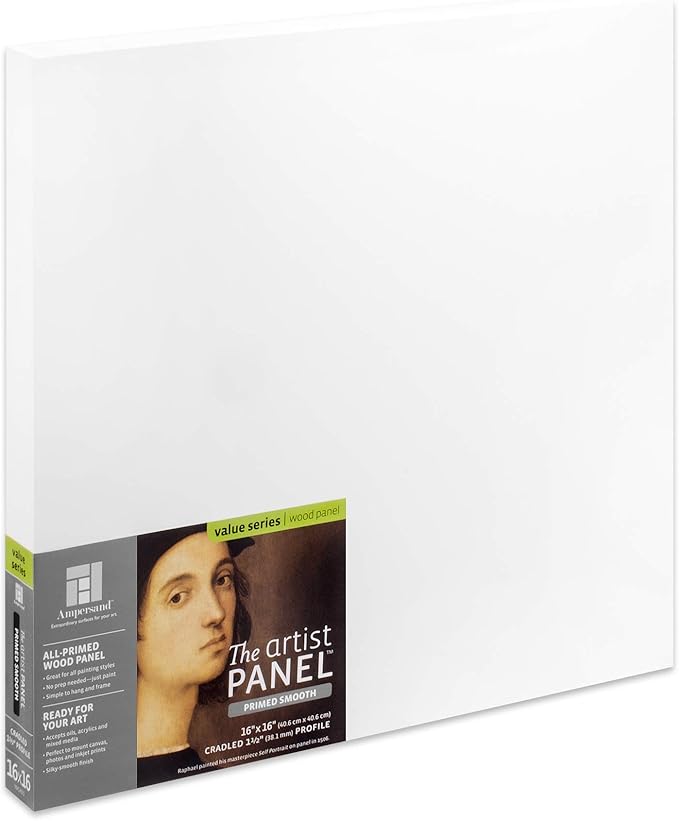 Ampersand Art Supply Wood Gesso Artist Painting Panel: Primed Smooth, 16" x 16", 1-1/2" Cradled Profile