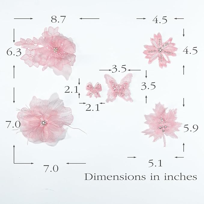 6 Pieces 3D Flower Lace Embroidery Butterflies Appliques Pearl Patches for Repairing and Decorating, Sewing Craft Clothing Jeans Jackets Bags (Pink)