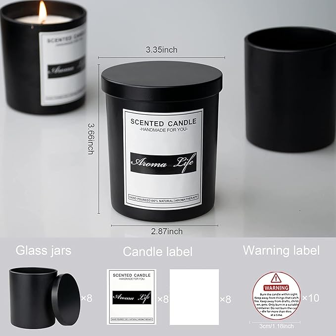 Creahaus 10oz, 16 Pack Thick Candle Jars with Metal Lids for Making Candles, Bulk Matte Black Empty Glass Candle Containers & Sticky Labels, Warming Labels Kit, Heat Resistant Candle Vessels