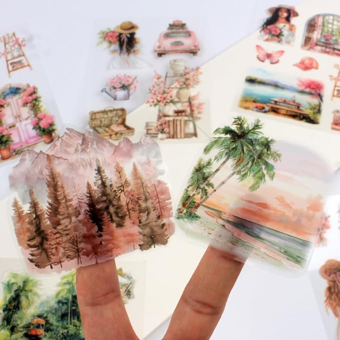 Summer Beach Pre-Cut Journal Sticker Book for Junk Journaling, Transparent PET Landscape Stickers for Scrapbook Supplies, Scrapbooking, Collage, Planners, Bujo, 20 Sheets