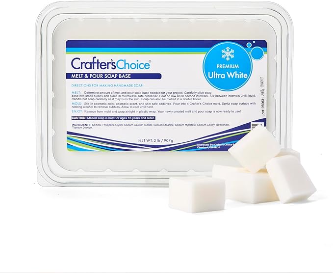 Crafter's Choice Premium Glycerin Melt and Pour Soap Base for Soap Making and DIY Crafting Projects, 2LB Block (Ultra White)