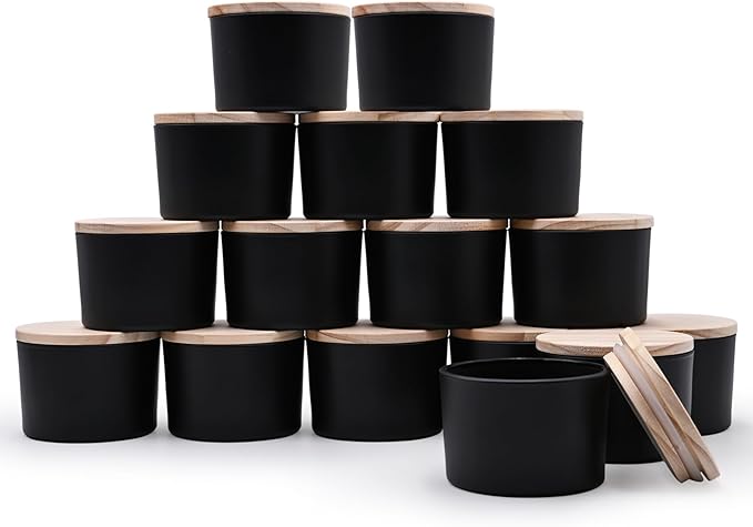 Thick Candle Jars for Making Candles 16 Pcs, 4 OZ Empty Jars with Wood Lids for Candle Making, Sample Container - Dishwasher Safe,Matte Black