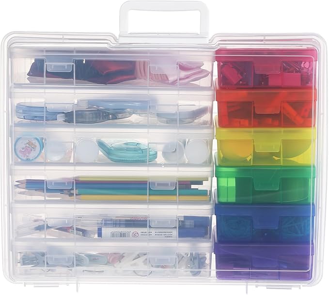 Plastic Storage Boxes & Organizers - Arts & Crafts Storage Boxes with Lids - 6 Medium Clear + 6 Small Color - Modern Style - 15.3"L x 12.5"W x 5.1"H - 18 Count