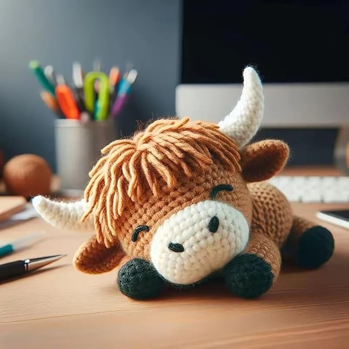 Highland Cow DIY Crochet Kit for Beginners, Brown Handmade Animal Soft with Yarn, Tools and Instructions, Cute Highland Cattle Birthday Gift for Adults, 23cm x 17cm x 6cm