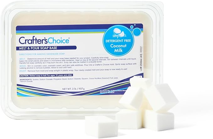 Crafter's Choice Detergent Free Melt and Pour Soap Base for Soap Making and DIY Crafting Projects, SLS/SLES Free, 2LB Block (Coconut Milk)