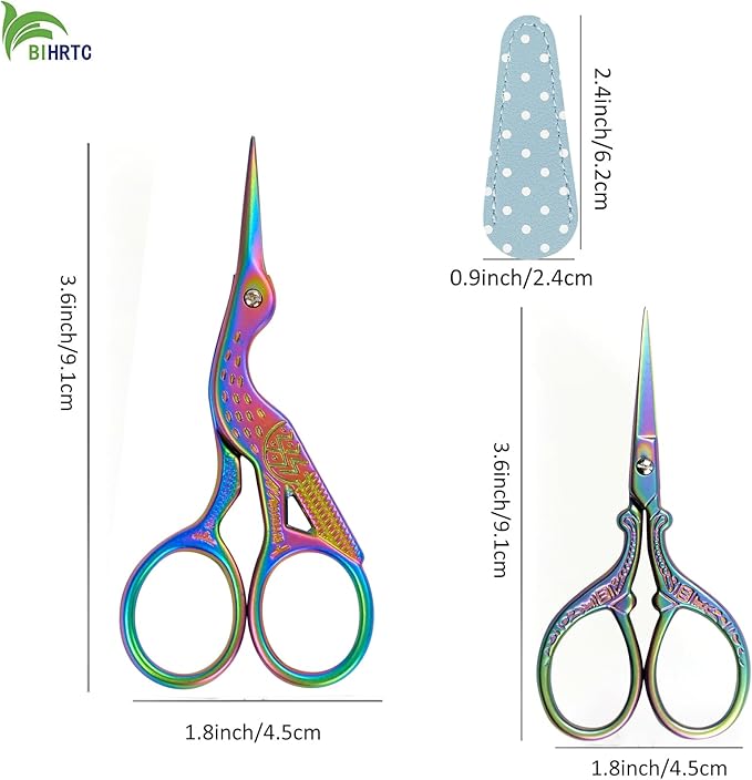 BIHRTC Rainbow Embroidery Small Precision Stainless Steel Scissors with Leather Cover DIY Tools Shears for Crochet Sewing Crafting Art Work Threading Needlework Knitting