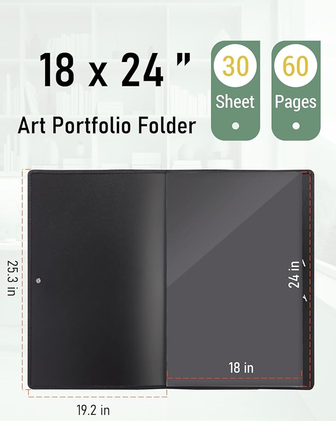Nicpro 18x24 Large Art Portfolio Folder, 30 Pockets Display 60 Pages Artist Portfolio Folder with Clear Plastic Sleeves, Presentation Storage Book for Artists Artwork Drawing Painting Black