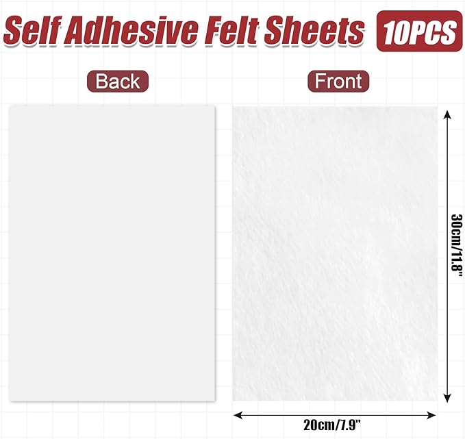 10 Pack Self Adhesive Felt Sheets - White Felt Fabric with Adhesive Backing - Peel and Stick Felt Sheet for Arts Crafts DIY and Decorations - A4 Size(8" x 12")