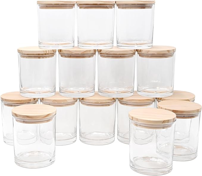 10 OZ Thick Candle Jars for Making Candles 15 Pcs, Empty Jars with Wood Lids for Candle Making, Sample Container, Clear