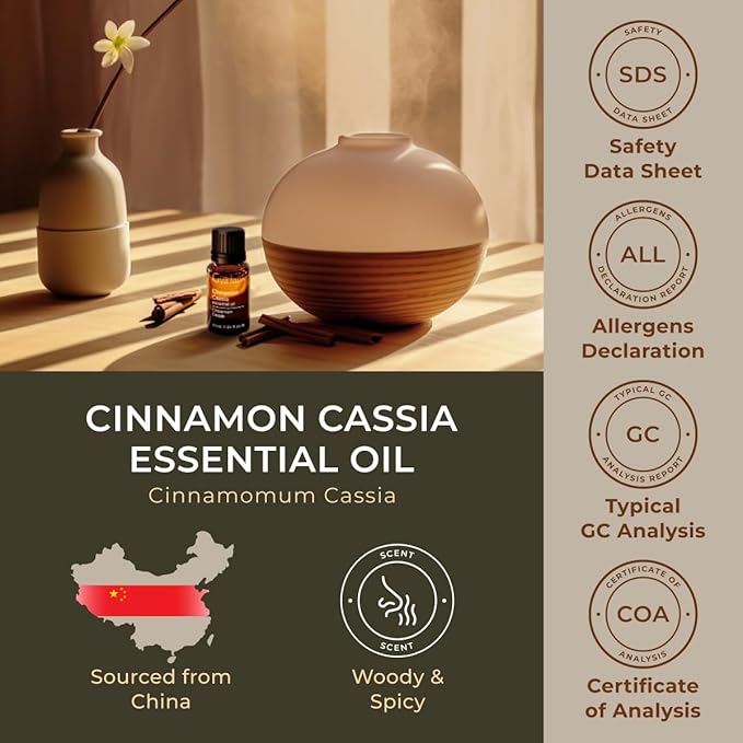 Gya Labs Cinnamon Cassia Essential Oil - 0.34 Fl Oz - for Hair, Skin, Diffuser, Aromatherapy & DIY Candle Making Scent