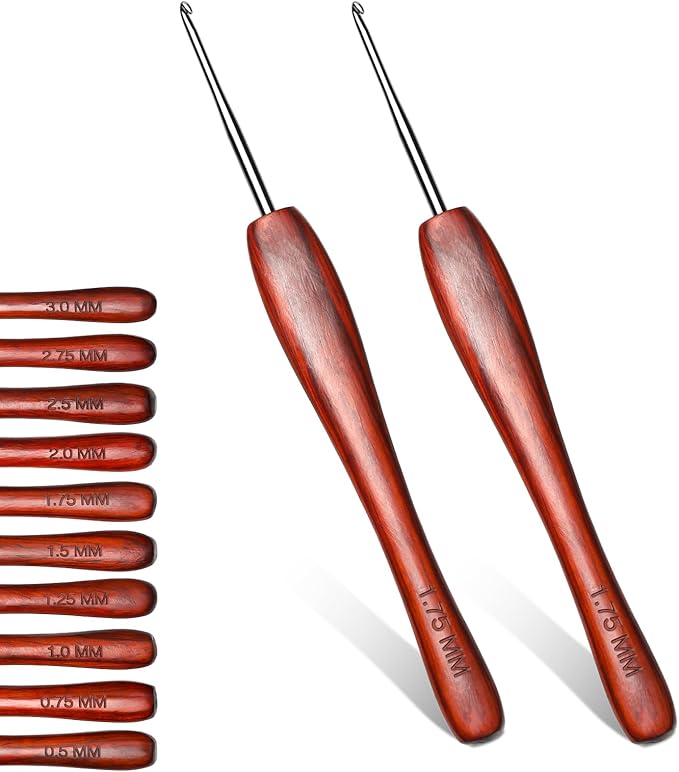 1.75mm Crochet Hook, Available in 0.5 mm- 3 mm, Ergonomic Hand-Polished Wooden Handle Crochet Hook for Arthritic Hands, for Beginners, and Crocheting Yarn (2Pcs)