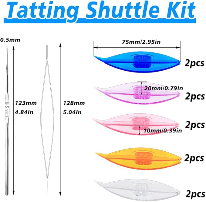 BUTUZE Tatting Shuttle Kit, 10 PCS Plastic Tatting Shuttle with Beading Needles Crochet Hooks Knitting Needles Big Eye Needles Tatting Needles for DIY Hand Lacemaking Craft Tool Weave Yarn Set