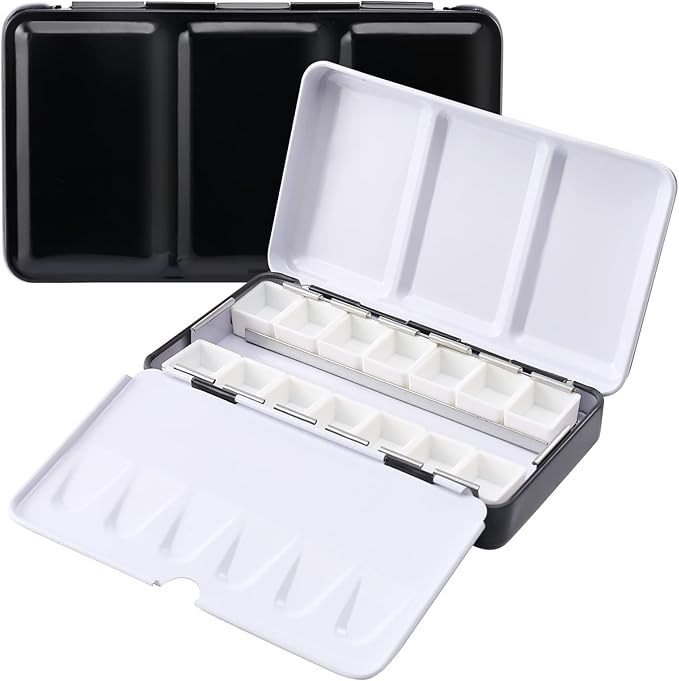 LOONENG Metal Watercolor Tin with Fold-Out Palette, Small Tray Palette with 14 Empty Half Pans for Plein Air, Acrylic and Oil Painting