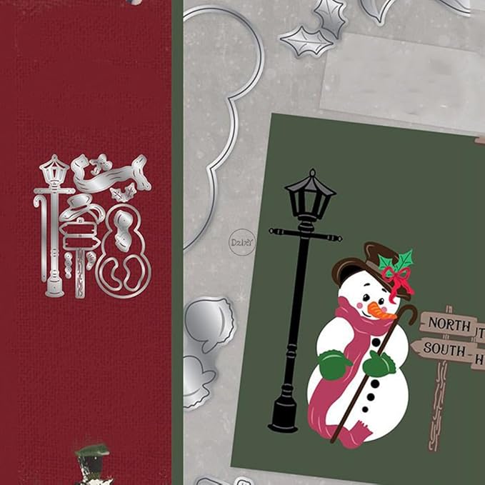 DzIxY Christmas Patchwork Snowman Street Lights Street Signs Metal Cutting Dies for Card Making Kit Embossing Paper Die Cuts Set Scrapbook Stencils Supplies Machine Templates