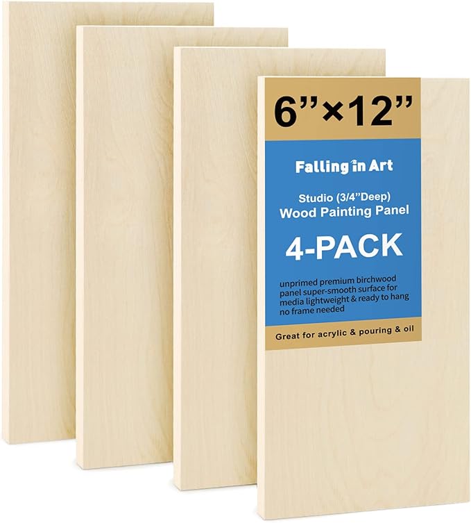Falling in Art Unfinished Birch Wood Panels Kit for Painting, Wooden Canvas 4 Pack of 6x12’’ Studio 3/4’’ Deep, Cradle Boards for Pouring, Art, Crafts, Burning and More