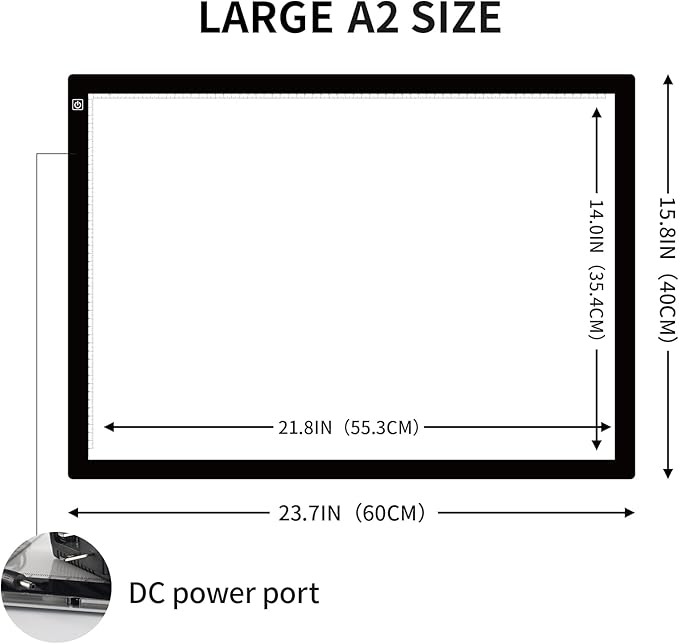 A2 Light Pad Super Thin 7mm Portable Stepless Dimmable Brightness Large Light Box Copy Board for Diamond Painting Weeding Vinyl with 2 Multi-Functional Clips 12V 2A Adapter (23.7''x15.8'')