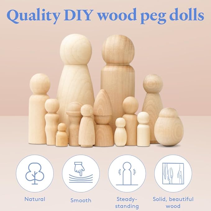 Tiny Peg Doll 1-3/8 inch Pack of 25 Peg People for Crafting and Nativity Set, Loose Parts Play Unfinished Wooden Peg Baby, by Woodpeckers