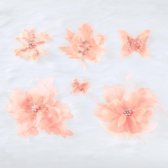 6 Pieces 3D Flower Lace Embroidery Butterflies Appliques Pearl Patches for Repairing and Decorating, Sewing Craft Clothing Jeans Jackets Bags (Orange)