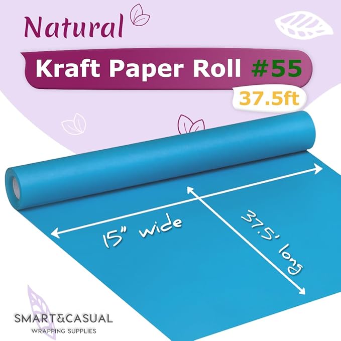 SMART&CASUAL 15" x 450" (37.5') Kraft Paper Roll for Art Craft Supplies Gift Wrapping Moving Packing Kids Painting Drawing Paint Easel Poster Chart Paper (Lake Blue, 15" W x 450" L (37.5'))