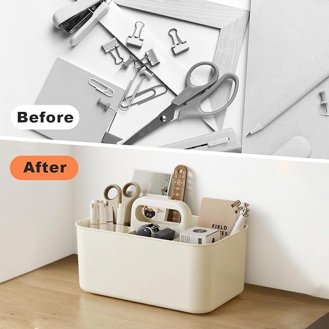 Multipurpose Caddy Organizer with Handle, 9.6'' x 6.1''x 4.3'' Large Stackable Plastic Craft Storage, Portable Pen Holder 5 Dividers for Art Supplies, Colored Pencils, Stationery, Markers, Makeup