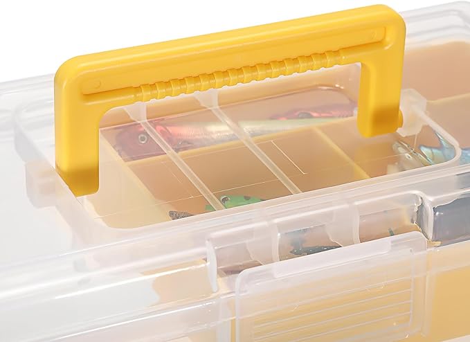 JUXYES Plastic Carry Storage Box with Removable Dividers, Clear Art Craft Supply Storage Bin Sewing Box With Handle Lid, 2 Layers Stationery Storage Case for School/Office Supplies