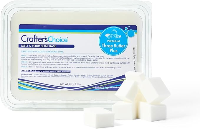 Crafter's Choice Premium Glycerin Melt and Pour Soap Base for Soap Making and DIY Crafting Projects, 5LB Block (Three Butter Plus)