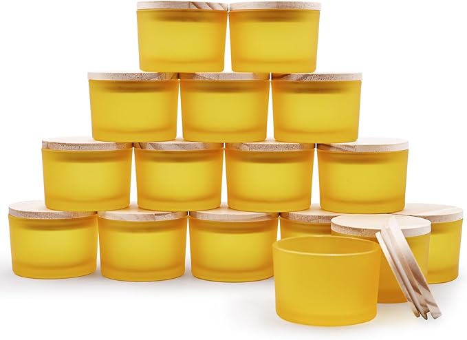 SHOWIN Thick Candle Jars for Making Candles 16 Pcs, 4 OZ Empty Jars with Wood Lids for Candle Making, Sample Container - Dishwasher Safe, Frosted Yellow
