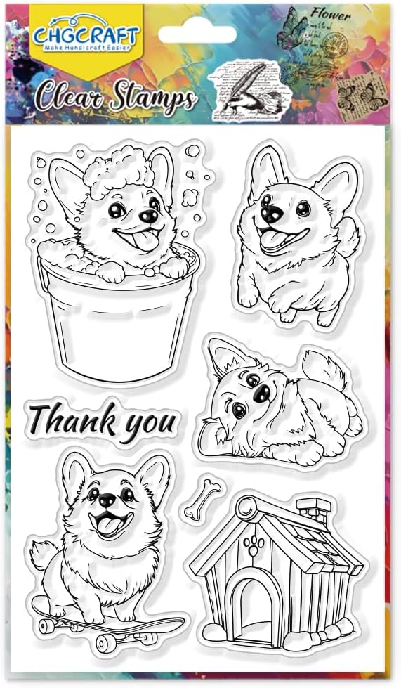 CHGCRAFT Cute Corgi Pets Clear Stamp Dogs House Playing Transparent Handicraft Stamps for DIY Scrapbooking Photo Album Decorative Cards Making, 6.3x4.3inch