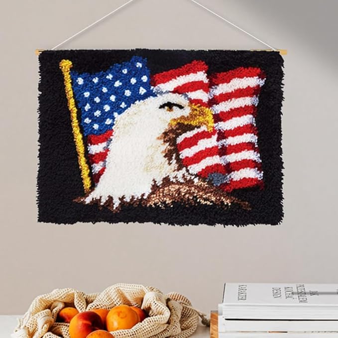 DL-YTG Latch Hook Kits Rug American Flag Crochet Yarn Cushion Colour Pre-Printed Canvas Cover Rug Needlework DIY Hook and Latch Kit Christmas Home Decoration 52x38cm/20 X15inch