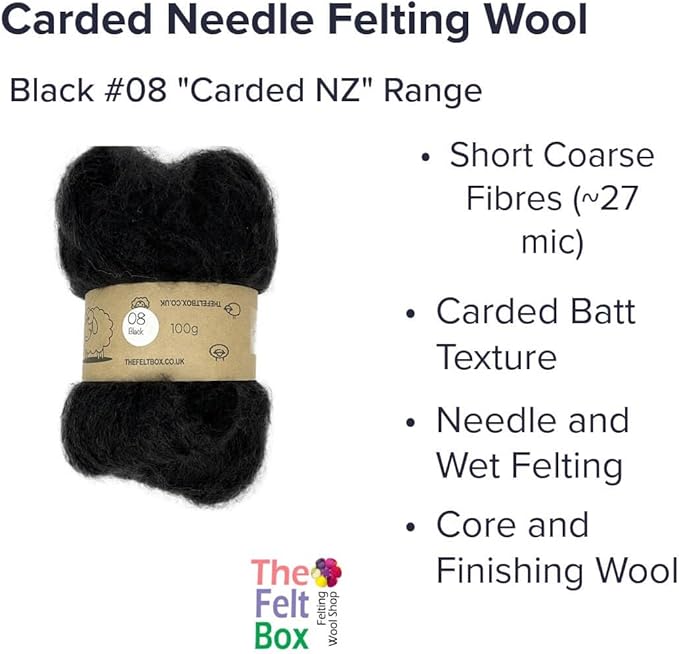 Black #08 Needle Felting Wool – 100g Carded Batt, Short Coarse Fiber Roving – Core or Finish Wool for Needle Felting, DIY Crafts, Dolls & Animals
