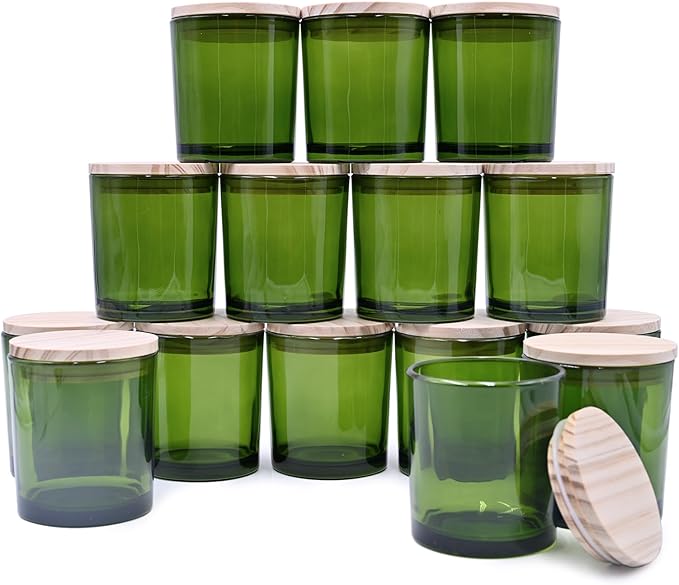 8 OZ Thick Candle Jars for Making Candles 15 Pcs, Green Empty Jars with Wood Lids for Candle Making, Sample Container,Clear Green