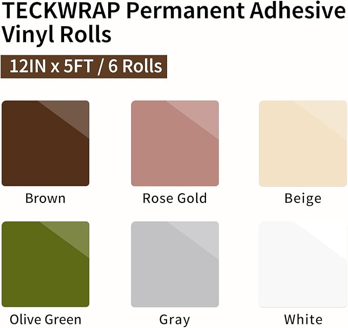 TECKWRAP Permanent Vinyl, 12" x 5ft Permanent Adhesive Vinyl Rolls, 6 Rolls for Cricut, Silhouette, Cameo Cutters, Signs, Scrap-Booking, Craft for Mug, Window, Home Decal, Dark Color