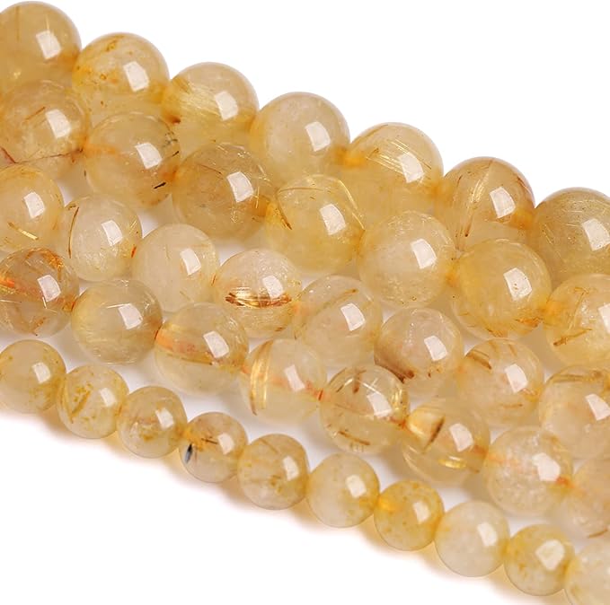 6MM 60PCS Natural Stone Golden Rutile Quartz Beads Gemstone 2A Grade Actinolite Semi Precious Crystal Loose Beads for Jewelry Making DIY Bracelet Necklace 1 Strand