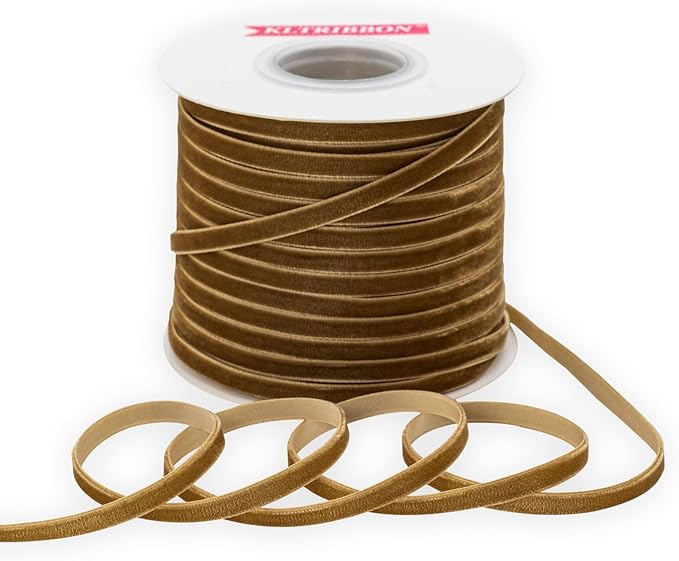Nylon Khaki Velvet Ribbon Single Faced,1/4 Inch X 50 Yards Spool