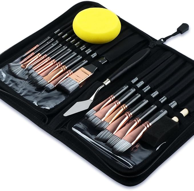Transon Art Paint Brush Kit 16 Paint Brushes with Foam Brush Sponge Spatula and Art Case for Oil, Acrylic, Watercolor, Gouache, Painting Black Color