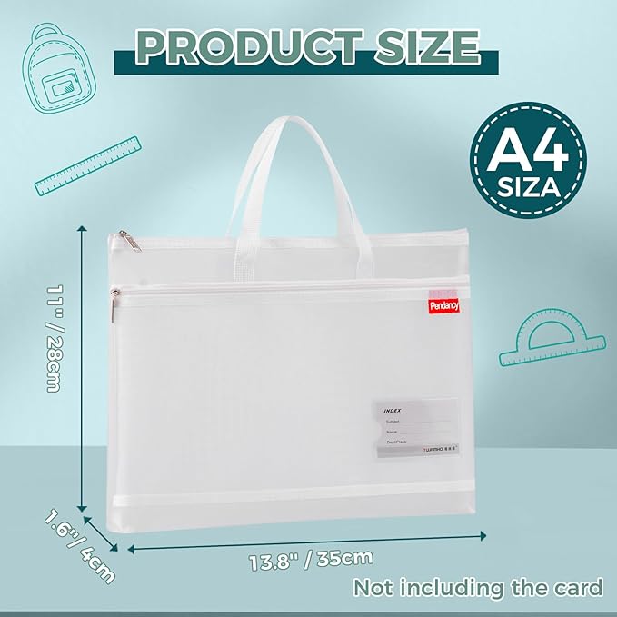 Pendancy Mesh Zipper Pouch A4 Size, Large Double Pocket Lightweight Nylon Transparent File Bag with Handle, 11x13.8 in Foldable Document Storage for Puzzle Project/Cross Stitch/Travel/Office (White)