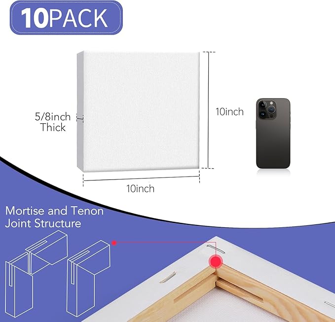 ESRICH 10x10 Stretched Canvas for Painting, 10 Pack Square Canvas for Painting Primed Acid-Free Framed Blank Canvas, Art Canvases for Beginners & Artists to Paint Oil, Acrylic, Pouring Painting.